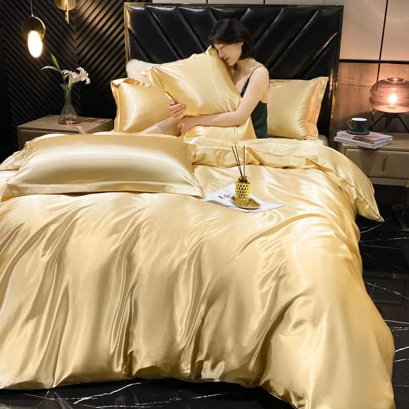 Solid Rayon Silk Bedding Set with Duvet Cover Bed Sheet Pillowcases Luxury King Single Double Couple Satin Pillow Case Bedsheet Solid Rayon Silk Bedding Set with Duvet Cover Bed Sheet Pillowcases Luxury King Single Double Couple Satin Pillow Case Bedsheet
