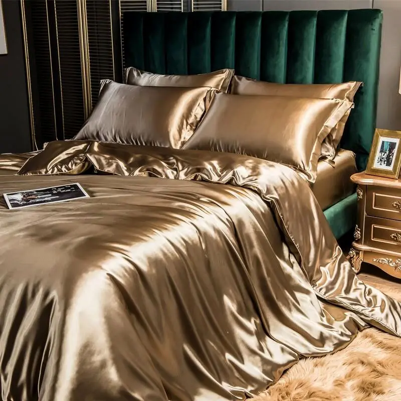 Solid Rayon Silk Bedding Set with Duvet Cover Bed Sheet Pillowcases Luxury King Single Double Couple Satin Pillow Case Bedsheet Solid Rayon Silk Bedding Set with Duvet Cover Bed Sheet Pillowcases Luxury King Single Double Couple Satin Pillow Case Bedsheet