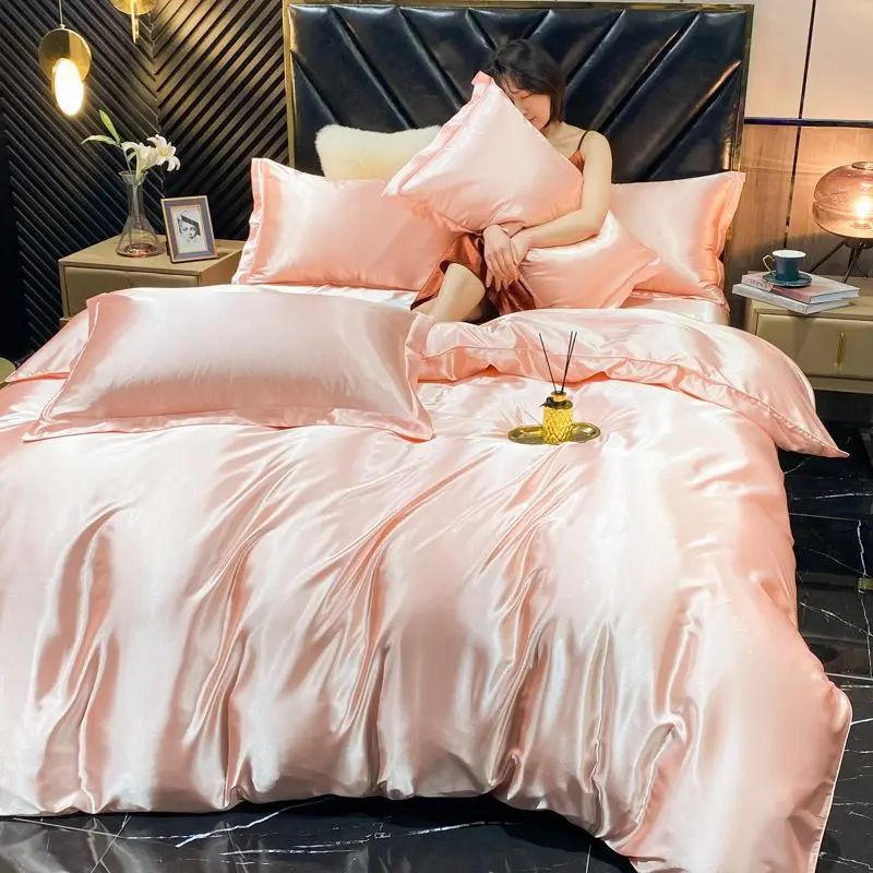 Solid Rayon Silk Bedding Set with Duvet Cover Bed Sheet Pillowcases Luxury King Single Double Couple Satin Pillow Case Bedsheet