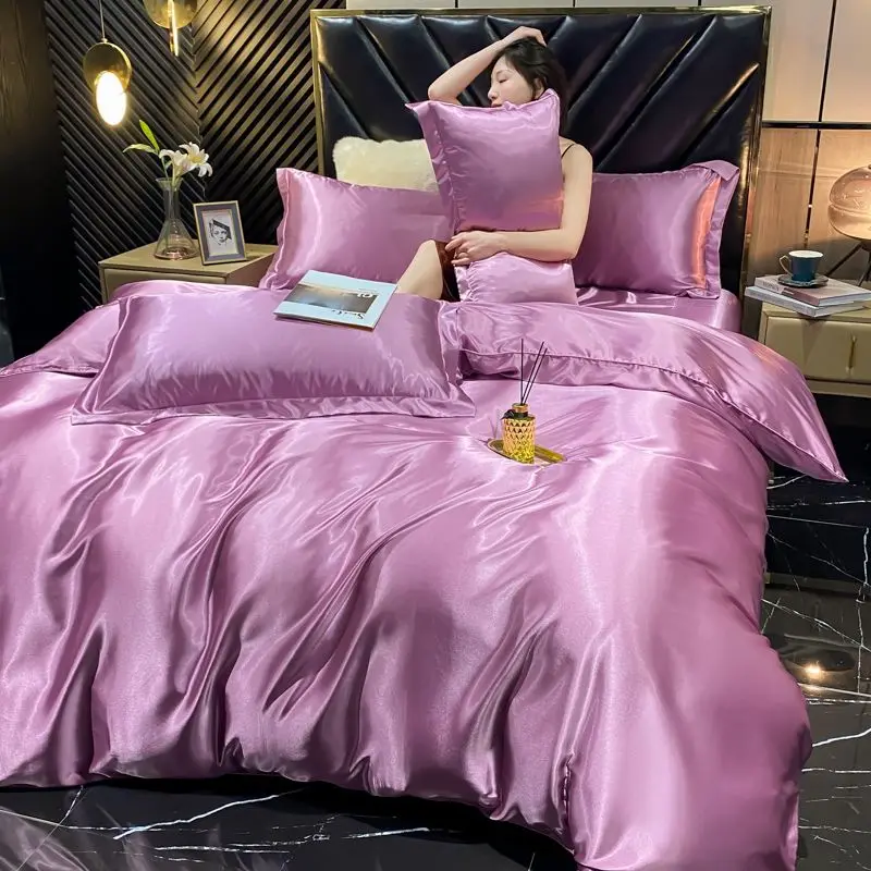 Solid Rayon Silk Bedding Set with Duvet Cover Bed Sheet Pillowcases Luxury King Single Double Couple Satin Pillow Case Bedsheet Solid Rayon Silk Bedding Set with Duvet Cover Bed Sheet Pillowcases Luxury King Single Double Couple Satin Pillow Case Bedsheet
