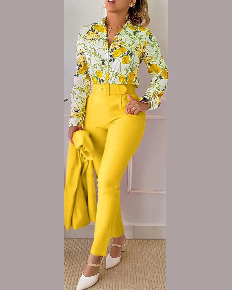 Women's Printed Long Sleeved Shirt Suit Spring Summer Slim High Waist Lace Up Elegant Female Office Pencil Pants Two Piece Set