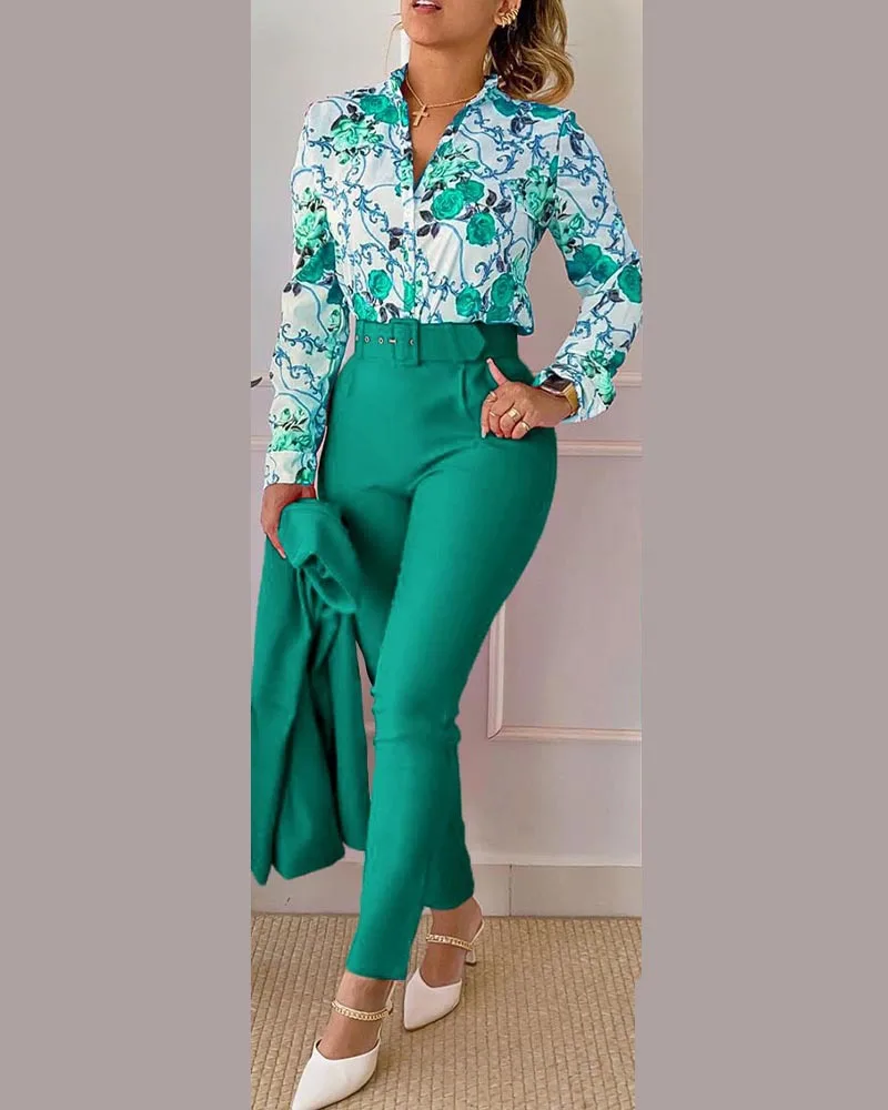 Women's Printed Long Sleeved Shirt Suit Spring Summer Slim High Waist Lace Up Elegant Female Office Pencil Pants Two Piece Set