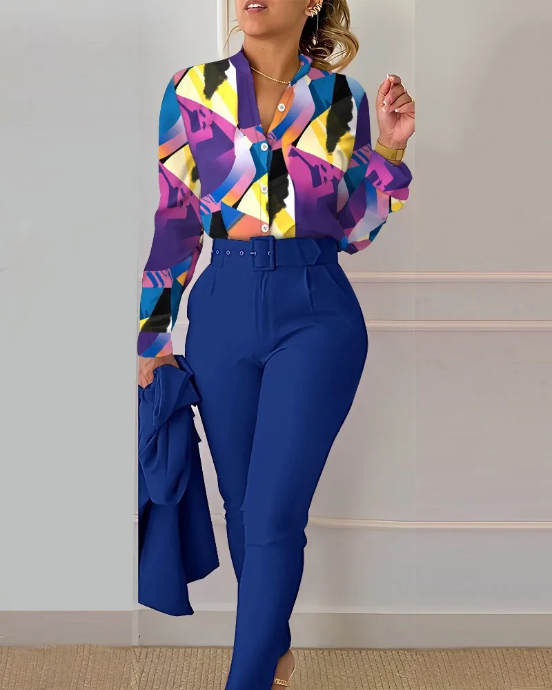 Women's Printed Long Sleeved Shirt Suit Spring Summer Slim High Waist Lace Up Elegant Female Office Pencil Pants Two Piece Set