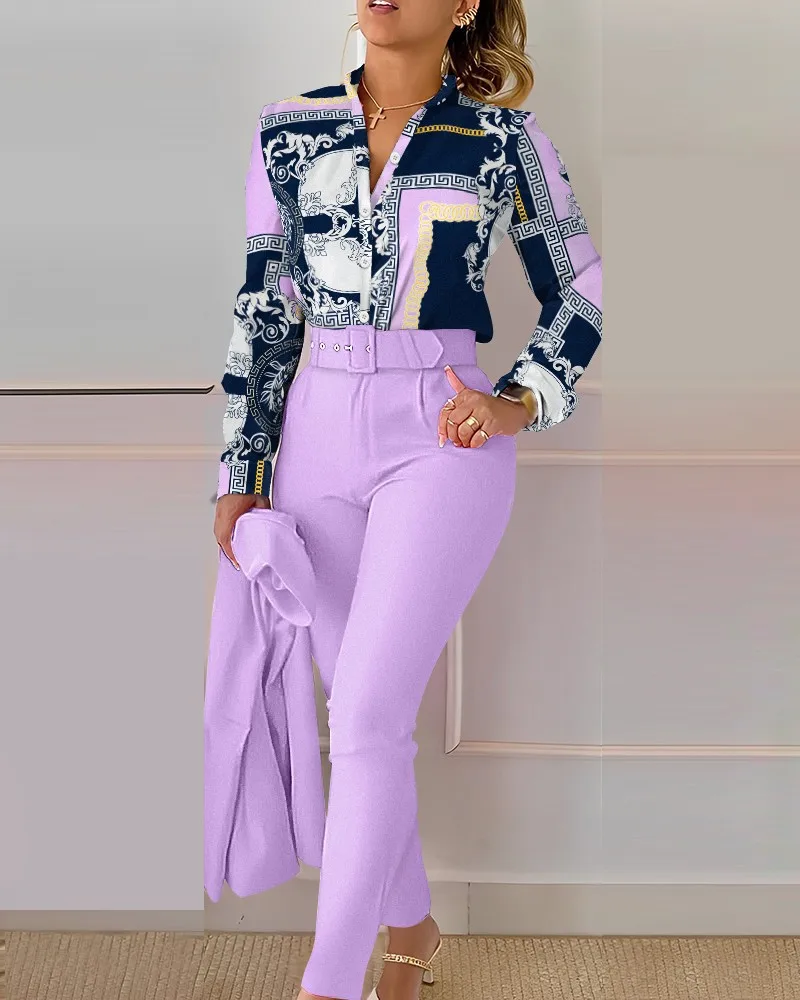 Women's Printed Long Sleeved Shirt Suit Spring Summer Slim High Waist Lace Up Elegant Female Office Pencil Pants Two Piece Set