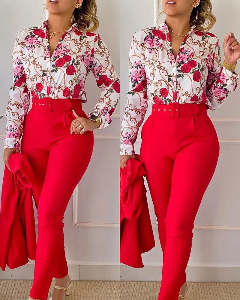 Women's Printed Long Sleeved Shirt Suit Spring Summer Slim High Waist Lace Up Elegant Female Office Pencil Pants Two Piece Set