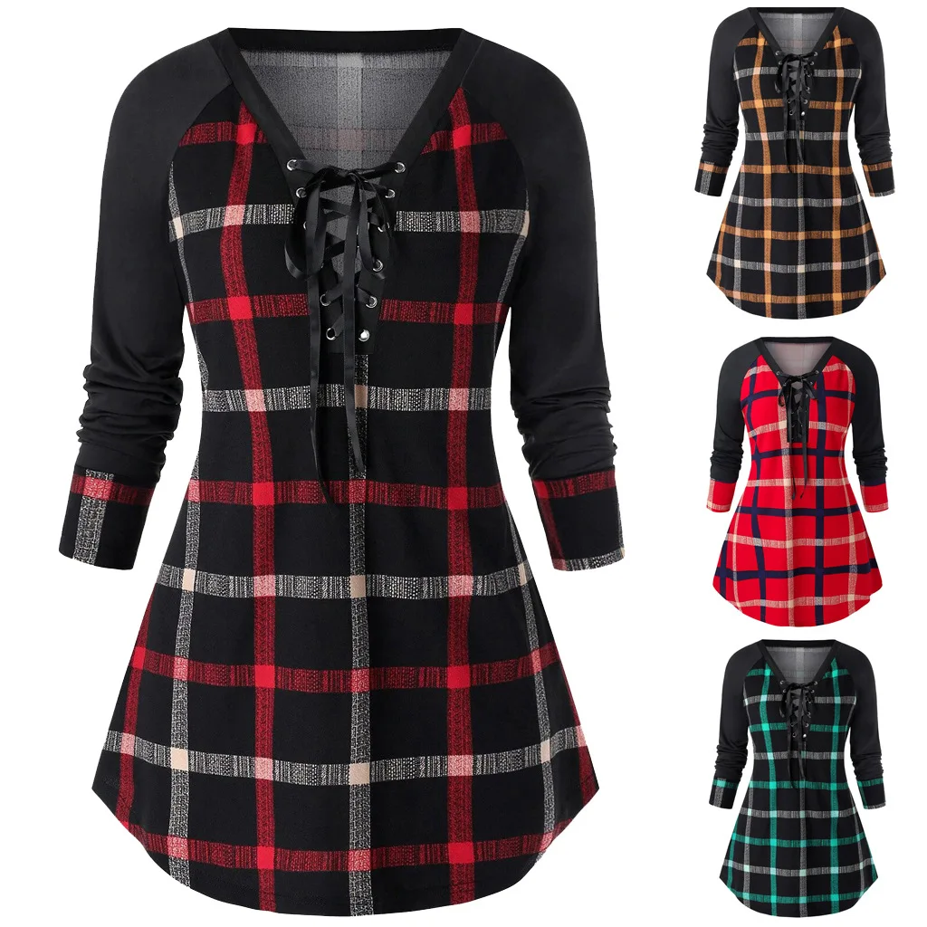 Large discount Loose Women Long T Shirt Casual Female Plaid T-Shirts Blusa Feminina Tshirt Woman Clothing Tops Tee Camisas Mujer