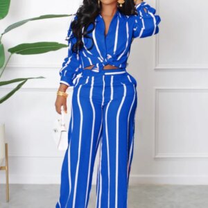 Spring Autumn Printed Striped Long Sleeved Shirt For Women Suit Fashion Slim Simple Straight Trousers Female Office 2 Piece Set