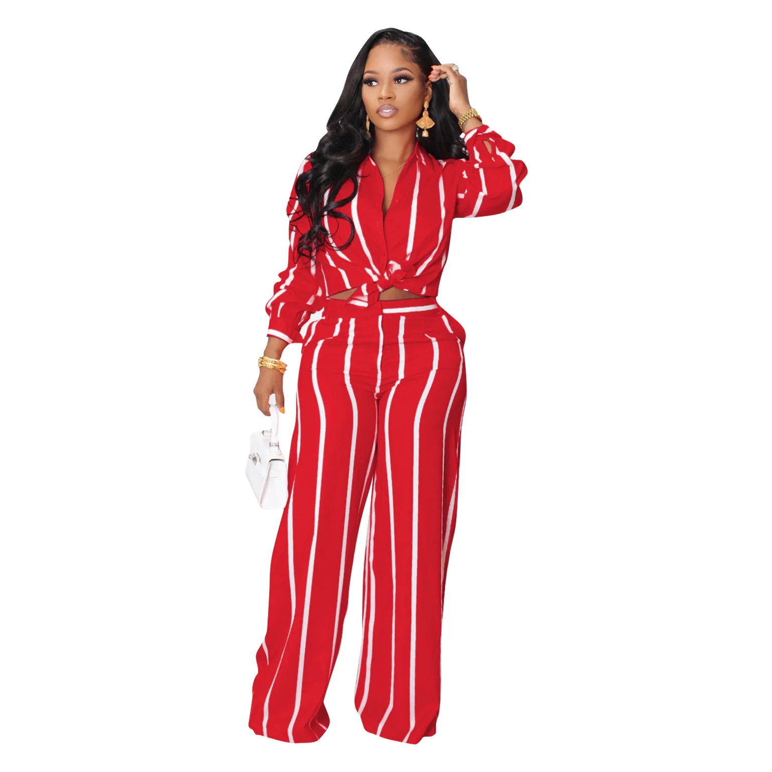 Spring Autumn Printed Striped Long Sleeved Shirt For Women Suit Fashion Slim Simple Straight Trousers Female Office 2 Piece Set