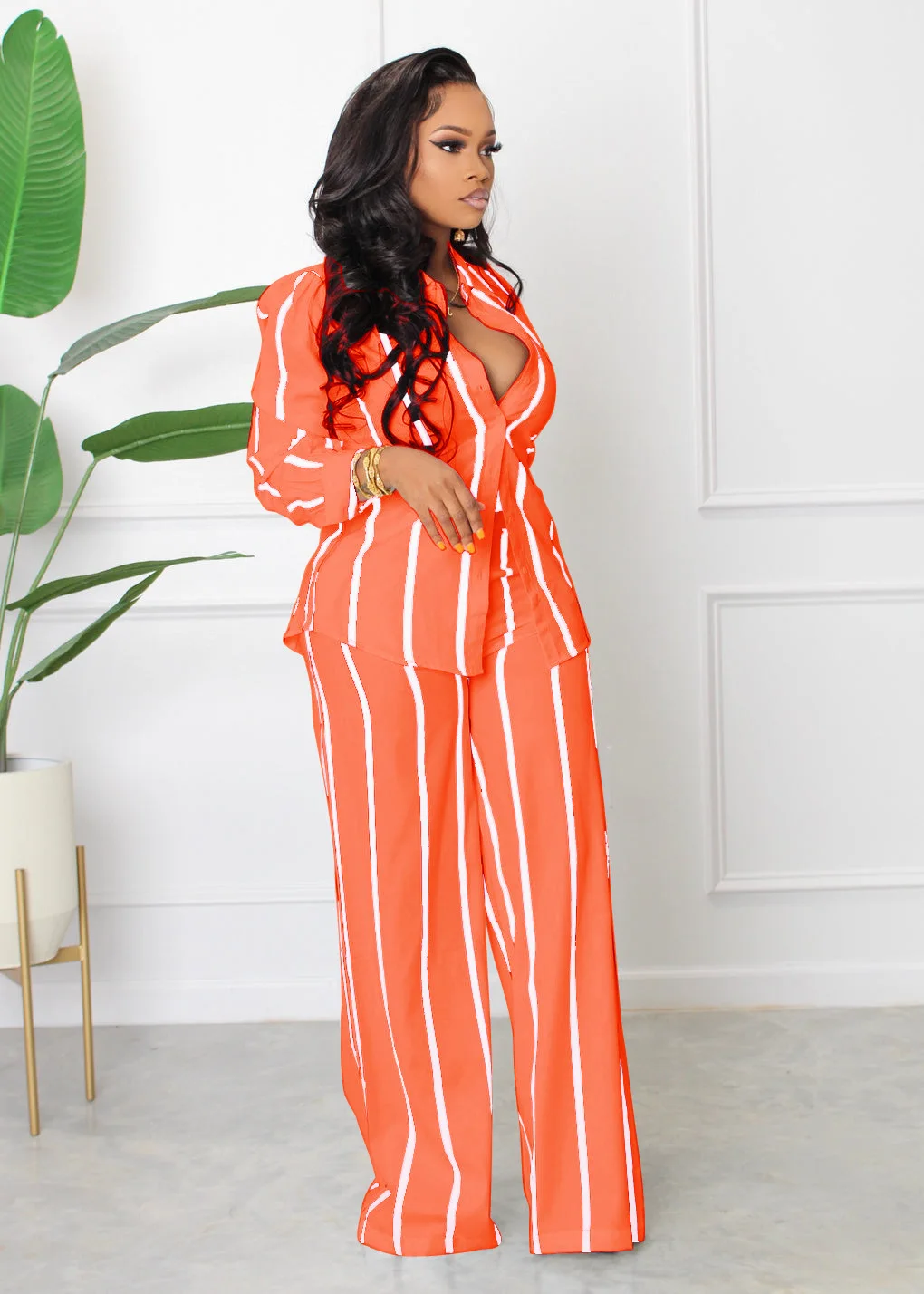 Spring Autumn Printed Striped Long Sleeved Shirt For Women Suit Fashion Slim Simple Straight Trousers Female Office 2 Piece Set