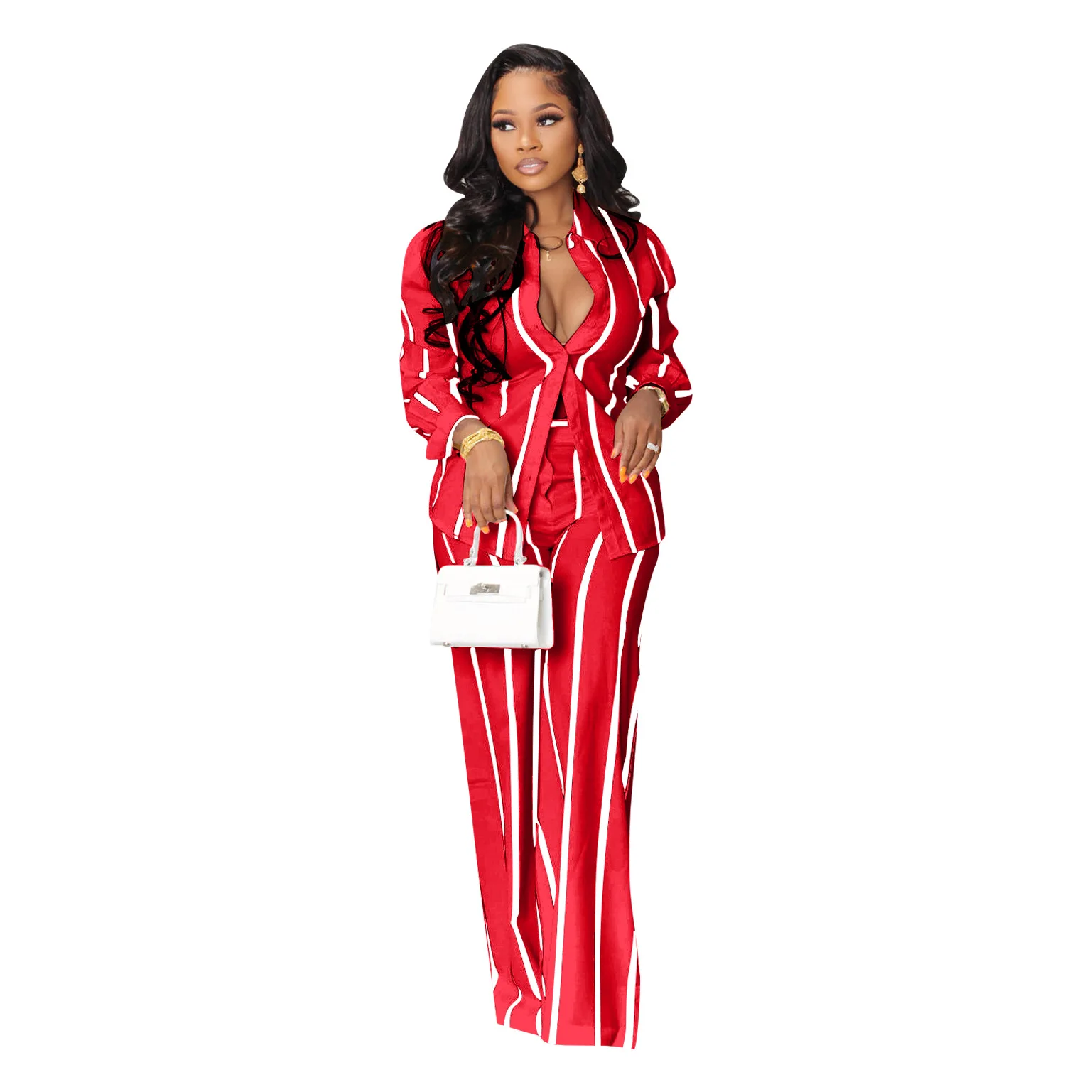 Spring Autumn Printed Striped Long Sleeved Shirt For Women Suit Fashion Slim Simple Straight Trousers Female Office 2 Piece Set
