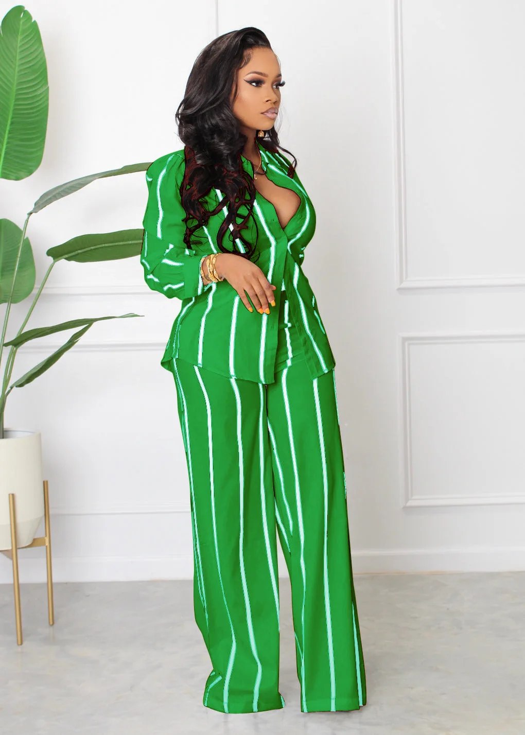 Spring Autumn Printed Striped Long Sleeved Shirt For Women Suit Fashion Slim Simple Straight Trousers Female Office 2 Piece Set