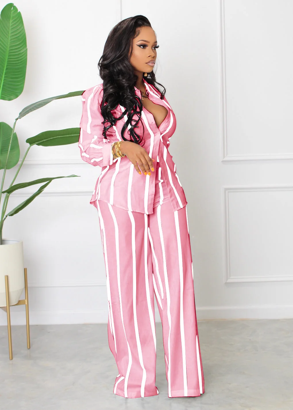 Spring Autumn Printed Striped Long Sleeved Shirt For Women Suit Fashion Slim Simple Straight Trousers Female Office 2 Piece Set
