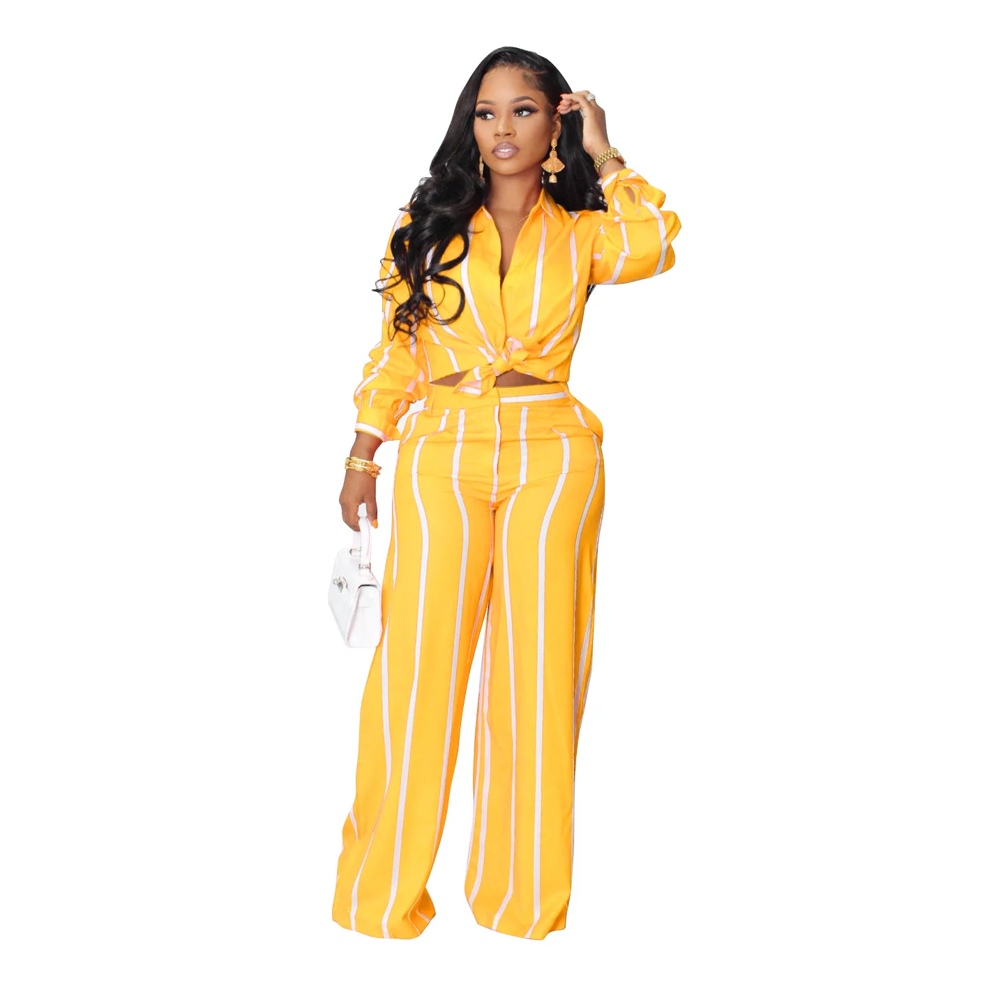 Spring Autumn Printed Striped Long Sleeved Shirt For Women Suit Fashion Slim Simple Straight Trousers Female Office 2 Piece Set