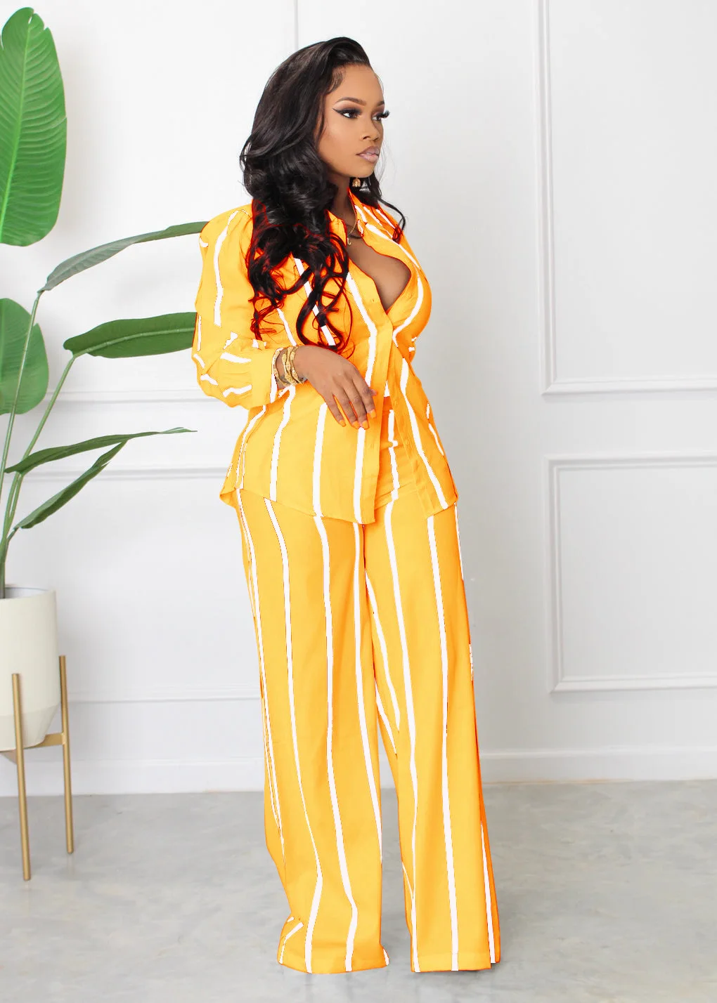 Spring Autumn Printed Striped Long Sleeved Shirt For Women Suit Fashion Slim Simple Straight Trousers Female Office 2 Piece Set