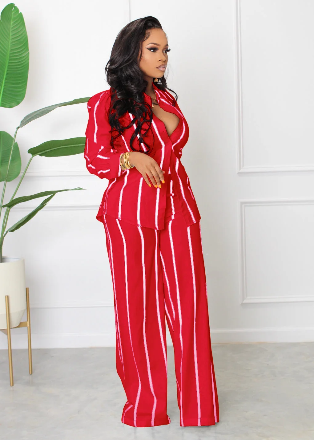 Spring Autumn Printed Striped Long Sleeved Shirt For Women Suit Fashion Slim Simple Straight Trousers Female Office 2 Piece Set