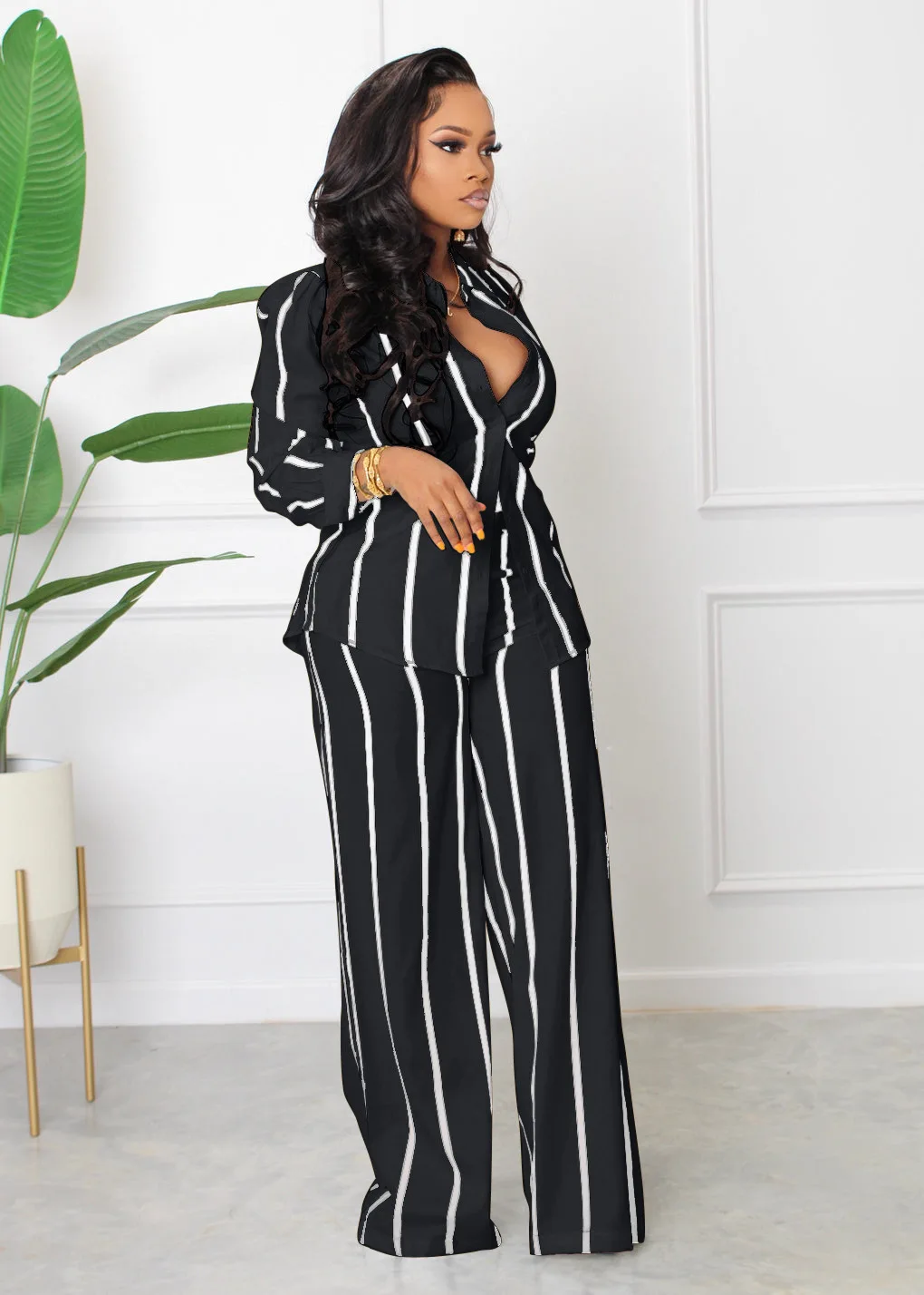 Spring Autumn Printed Striped Long Sleeved Shirt For Women Suit Fashion Slim Simple Straight Trousers Female Office 2 Piece Set