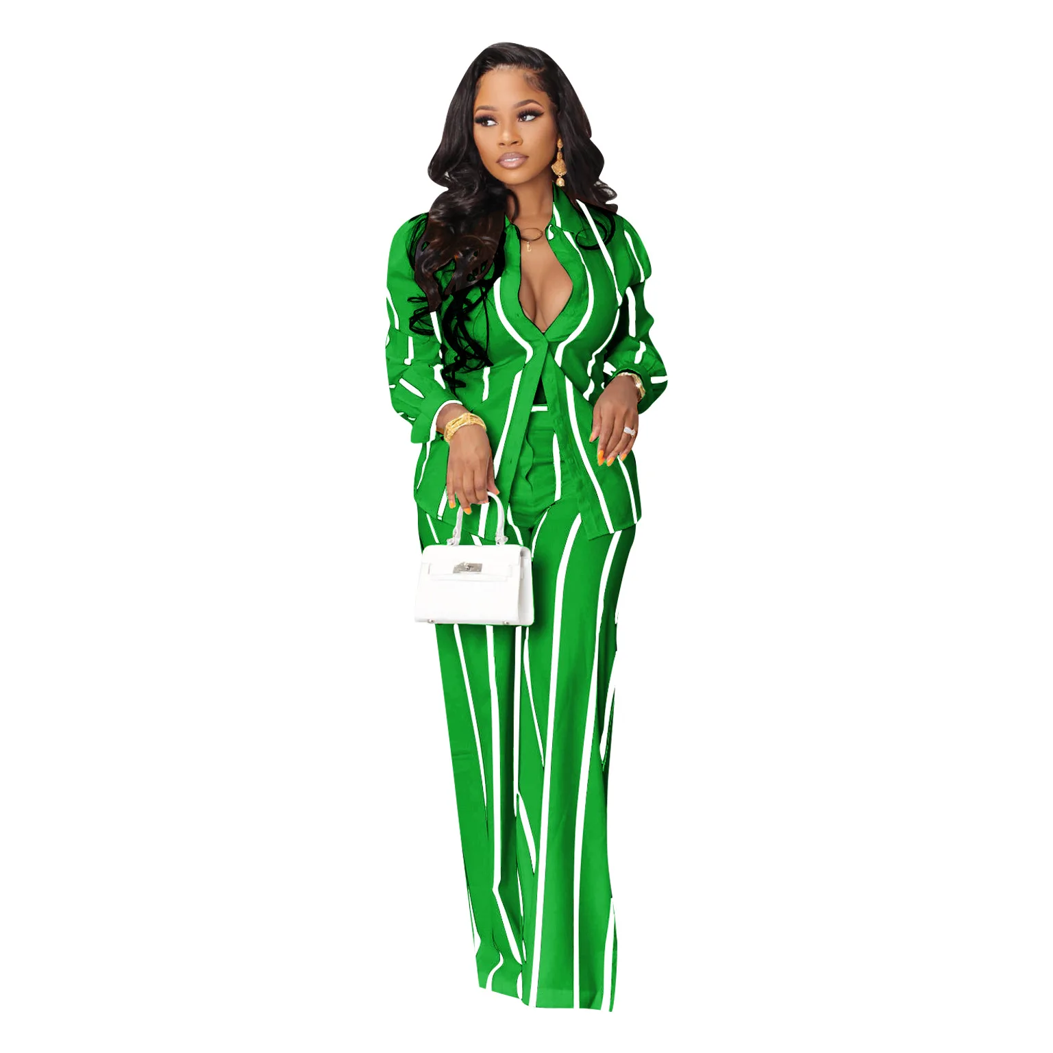 Spring Autumn Printed Striped Long Sleeved Shirt For Women Suit Fashion Slim Simple Straight Trousers Female Office 2 Piece Set