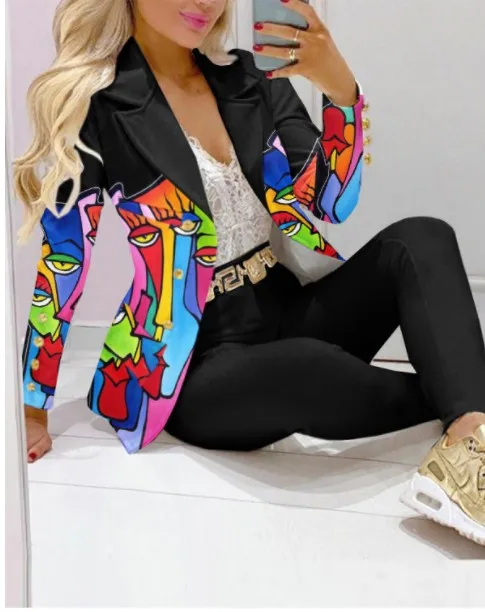 Autumn Winter New Printed Suit Long Sleeve For Women's Suit Fashion Color Matching Slim Elegant Female Office 2 Piece Set 2023