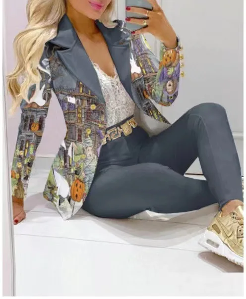 Autumn Winter New Printed Suit Long Sleeve For Women's Suit Fashion Color Matching Slim Elegant Female Office 2 Piece Set 2023