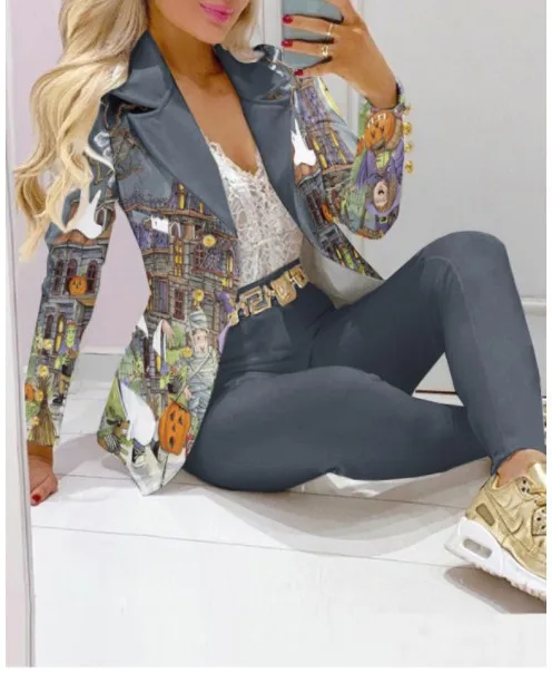 Autumn Winter New Printed Suit Long Sleeve For Women's Suit Fashion Color Matching Slim Elegant Female Office 2 Piece Set 2023