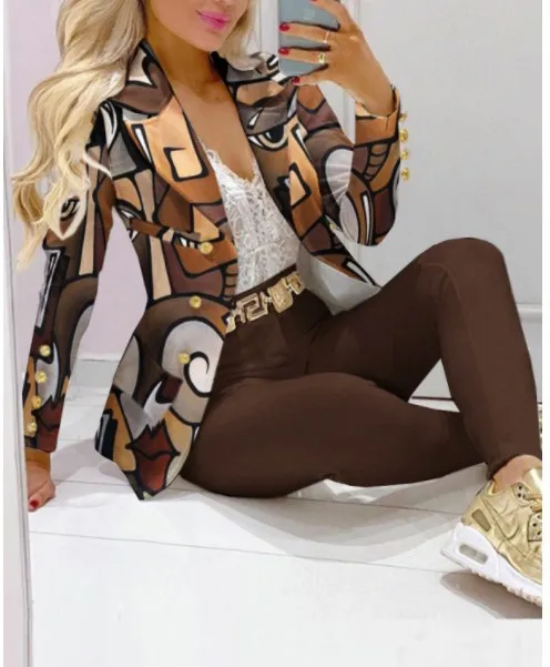 Autumn Winter New Printed Suit Long Sleeve For Women's Suit Fashion Color Matching Slim Elegant Female Office 2 Piece Set 2023