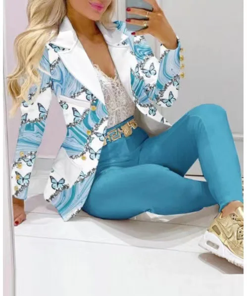 Autumn Winter New Printed Suit Long Sleeve For Women's Suit Fashion Color Matching Slim Elegant Female Office 2 Piece Set 2023