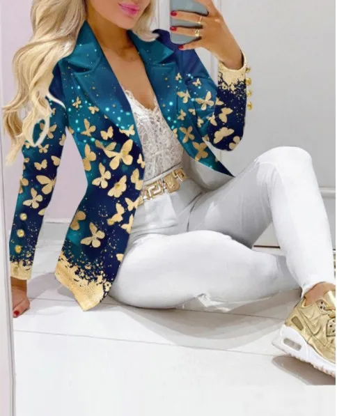 Autumn Winter New Printed Suit Long Sleeve For Women's Suit Fashion Color Matching Slim Elegant Female Office 2 Piece Set 2023