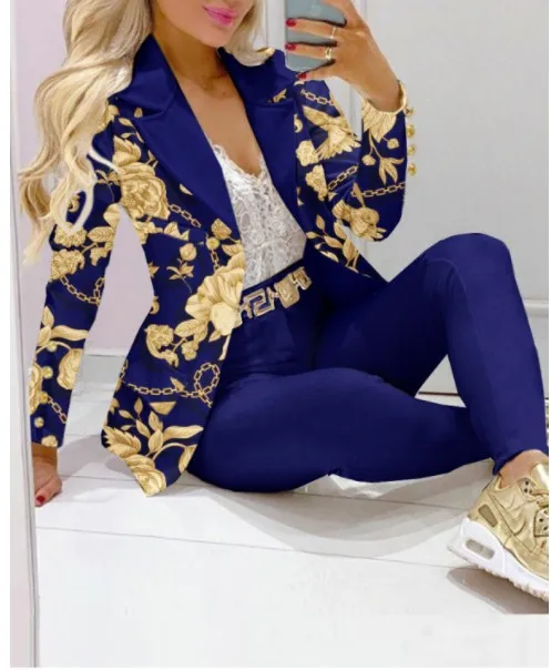 Autumn Winter New Printed Suit Long Sleeve For Women's Suit Fashion Color Matching Slim Elegant Female Office 2 Piece Set 2023
