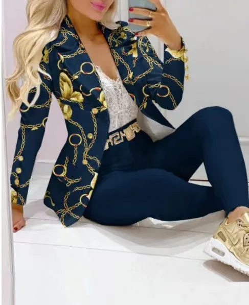 Autumn Winter New Printed Suit Long Sleeve For Women's Suit Fashion Color Matching Slim Elegant Female Office 2 Piece Set 2023