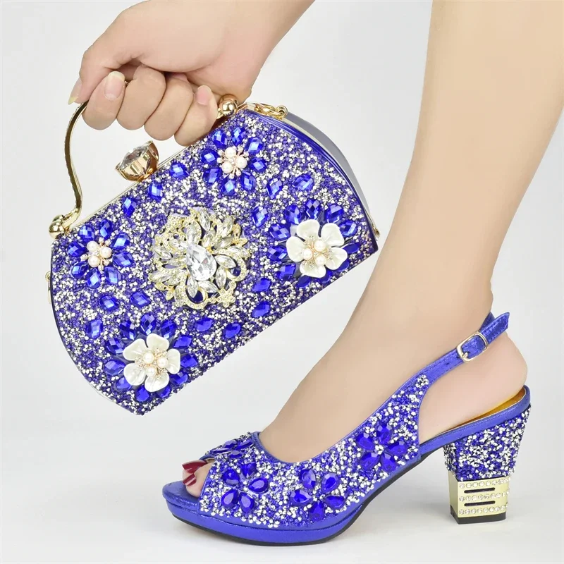 New Arrival Nigerian Party Shoes with Bag Set Decorated with Rhinestone Shoes for Women 2024 Designer Luxury Wedding Shoes Bride