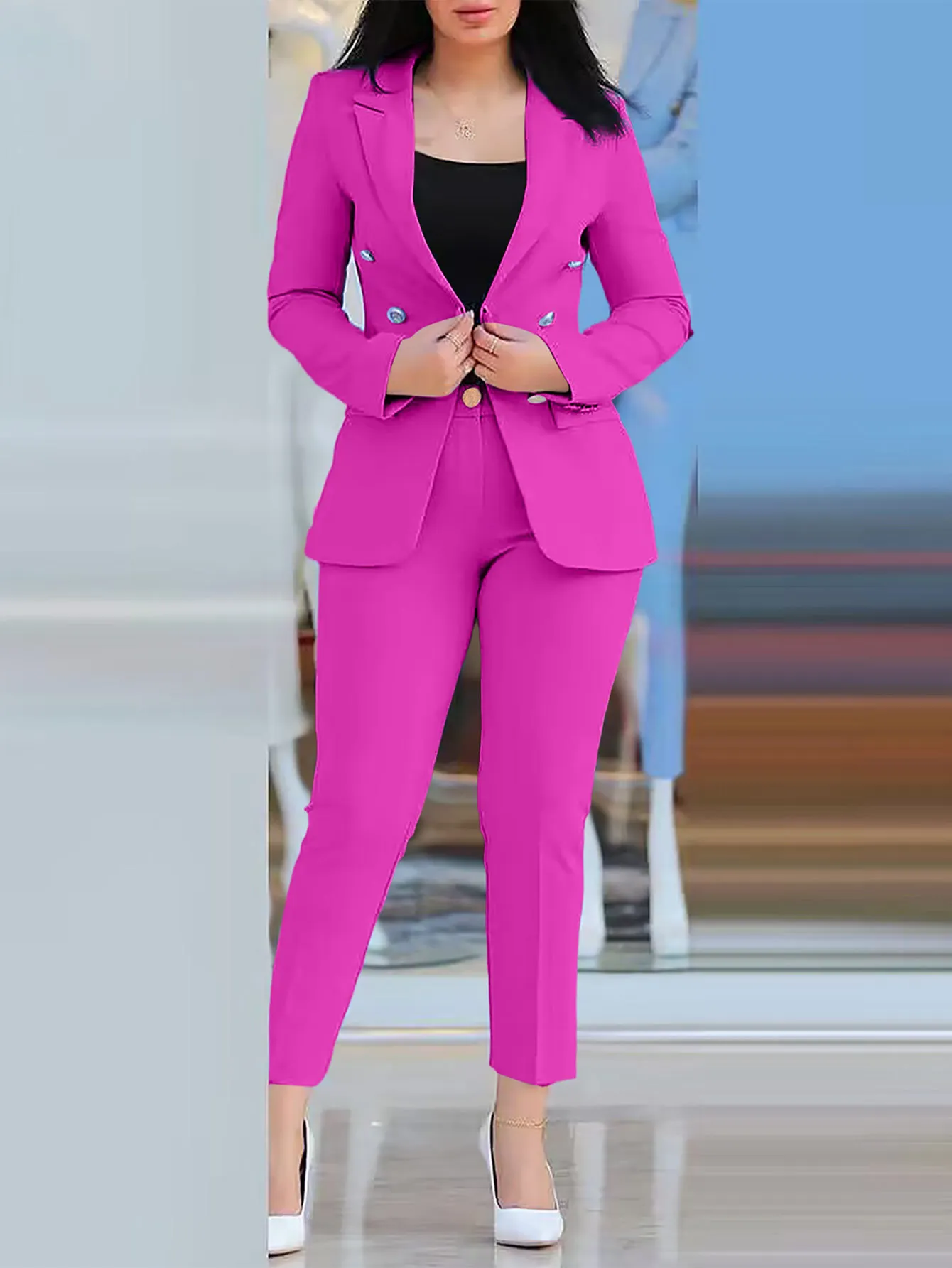 Women Blazer Suits Two 2 Pcs Sale Casual Slim Button Blazer Coats& Button Fitness Slim Full Blazer Pant Sets NMD-20250306003