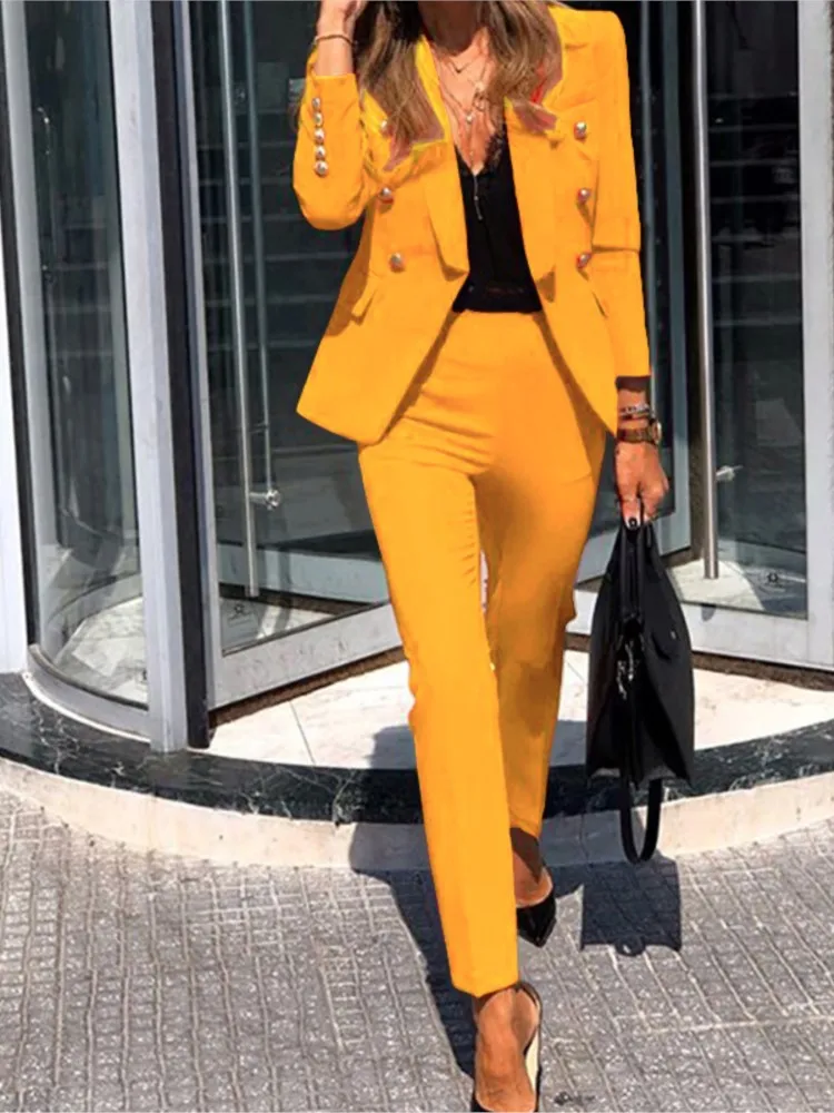 Autumn Winter For Women's New Solid Color Fashion Double Breasted Suit Slim Pocket Pencil Pants Female Office 2 Piece Set 2023