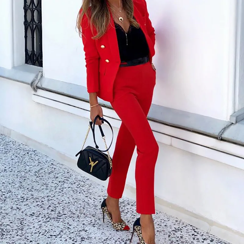 Autumn Winter For Women's New Solid Color Fashion Double Breasted Suit Slim Pocket Pencil Pants Female Office 2 Piece Set 2023 Autumn Winter For Women's New Solid Color Fashion Double Breasted Suit Slim Pocket Pencil Pants Female Office 2 Piece Set 2023