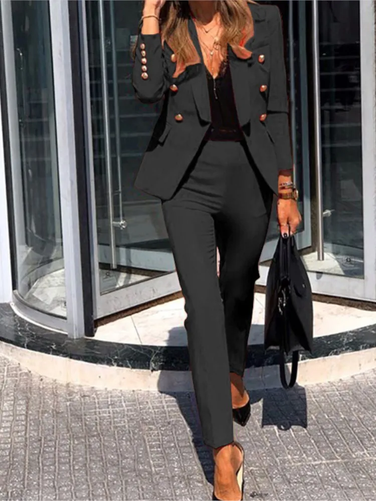 Autumn Winter For Women's New Solid Color Fashion Double Breasted Suit Slim Pocket Pencil Pants Female Office 2 Piece Set 2023