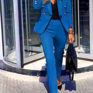 Autumn Winter For Women's New Solid Color Fashion Double Breasted Suit Slim Pocket Pencil Pants Female Office 2 Piece Set 2023