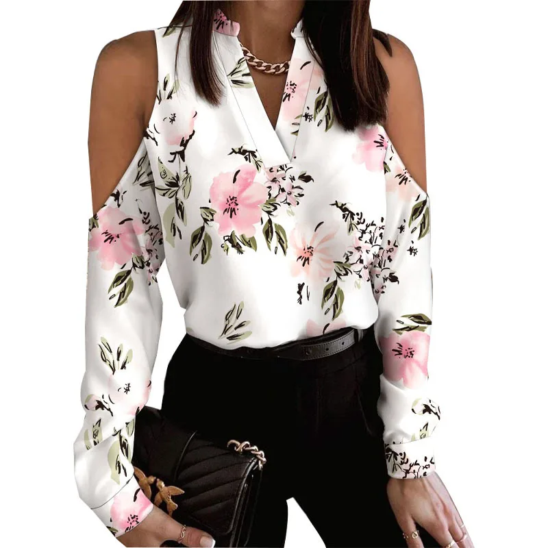Sexy Off Shoulder Women Blouse V-neck Long Sleeve Floral Print Loose Shirt Tops 2023 Spring Autumn Ladies Blouses