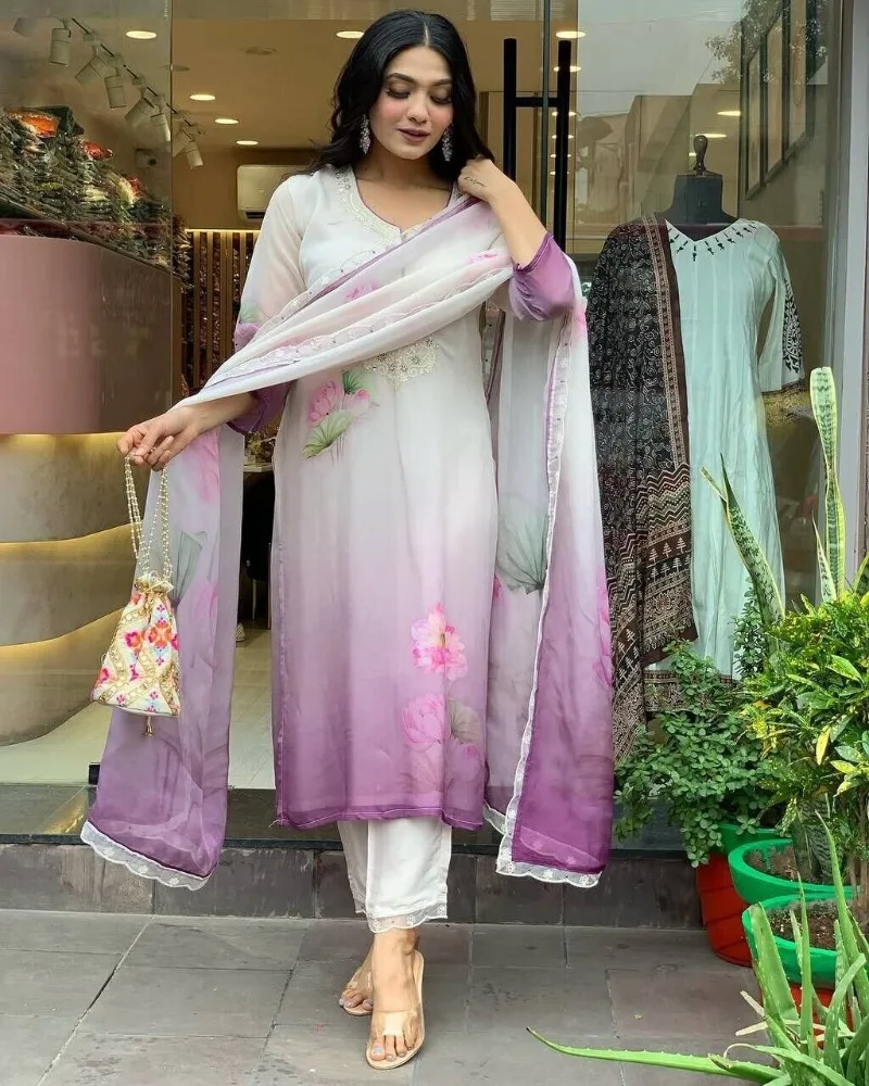 Lotus Print Salwar Kameez Heart-shaped Collar Decoration Indian Dress Women