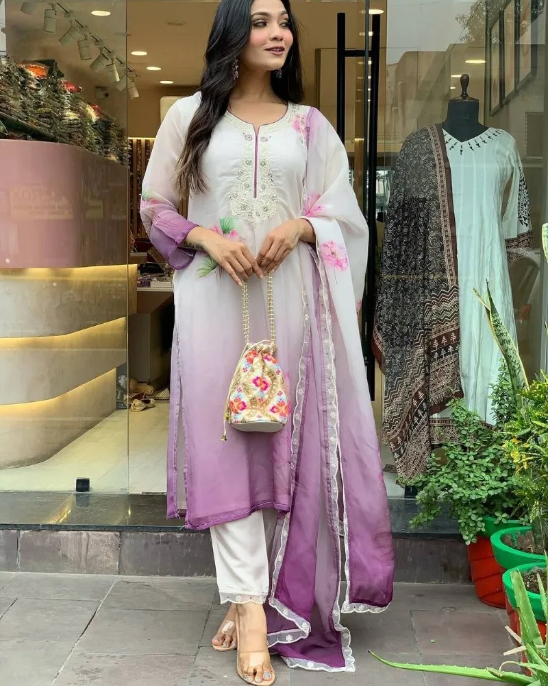 Lotus Print Salwar Kameez Heart-shaped Collar Decoration Indian Dress Women