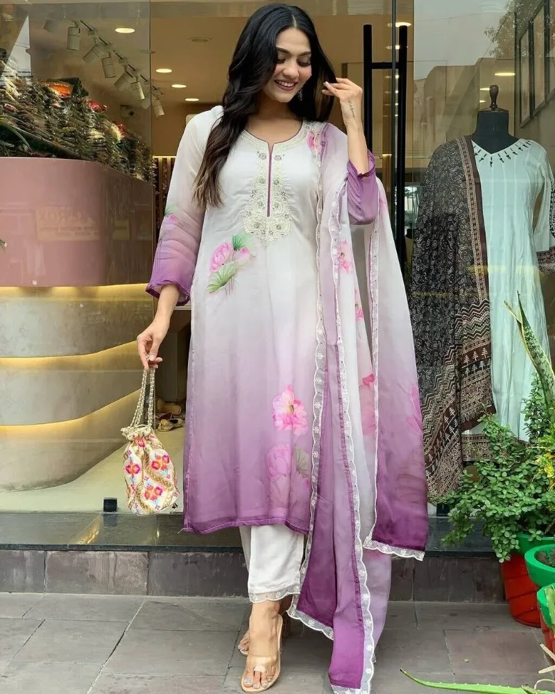 Lotus Print Salwar Kameez Heart-shaped Collar Decoration Indian Dress Women