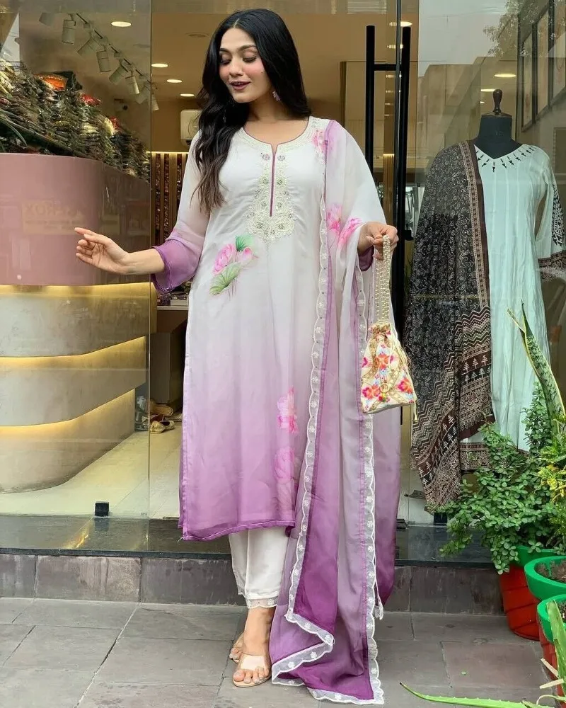 Lotus Print Salwar Kameez Heart-shaped Collar Decoration Indian Dress Women