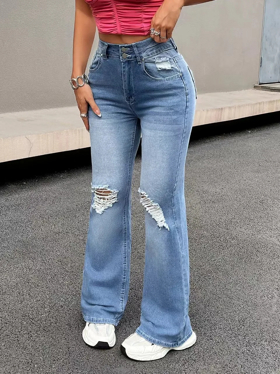 Europe and The United States Fashion Hole Stretch Denim Micro Flare Pants,Women's Spring and Autumn New Tight Height Waist Jeans