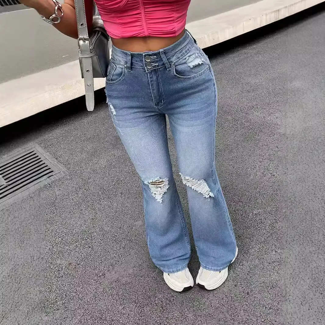 Europe and The United States Fashion Hole Stretch Denim Micro Flare Pants,Women's Spring and Autumn New Tight Height Waist Jeans