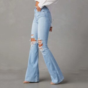Women Ripped Flared Jeans Mid Waist Wide Leg Bootcut Denim Pants Streetwear Vintage Blue Trousers