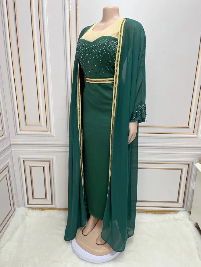 Islam Middle East Saudi Arab Muslim Fashion Abaya Women Beaded Luxury Dress Set 2 Piece Djellaba Ramadan Kebaya Kimono Jalabiya