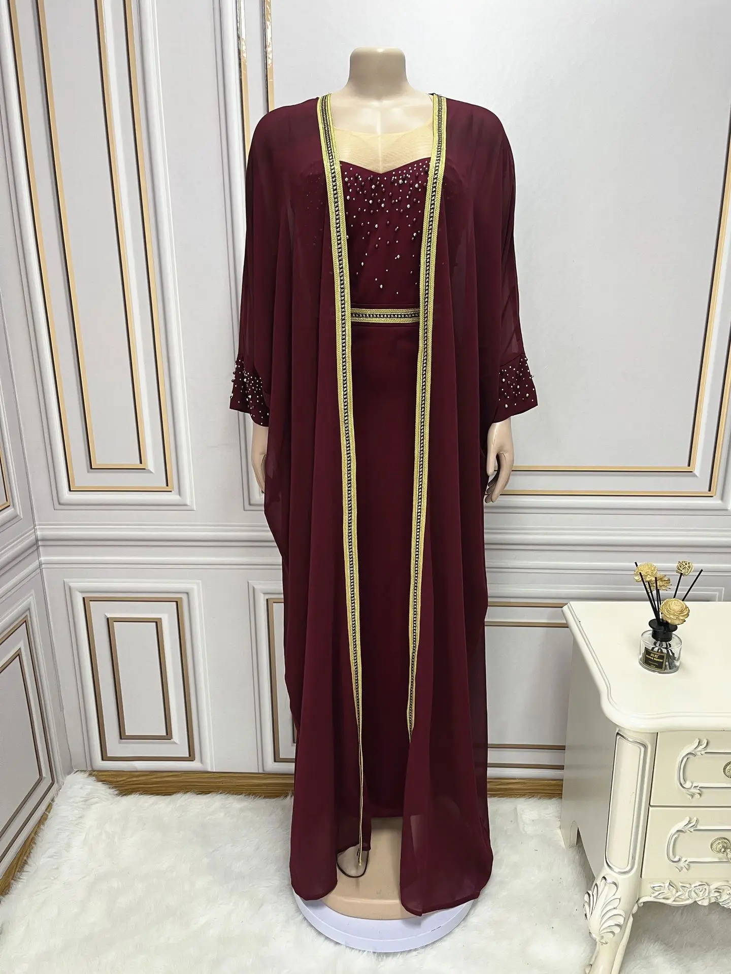 Islam Middle East Saudi Arab Muslim Fashion Abaya Women Beaded Luxury Dress Set 2 Piece Djellaba Ramadan Kebaya Kimono Jalabiya