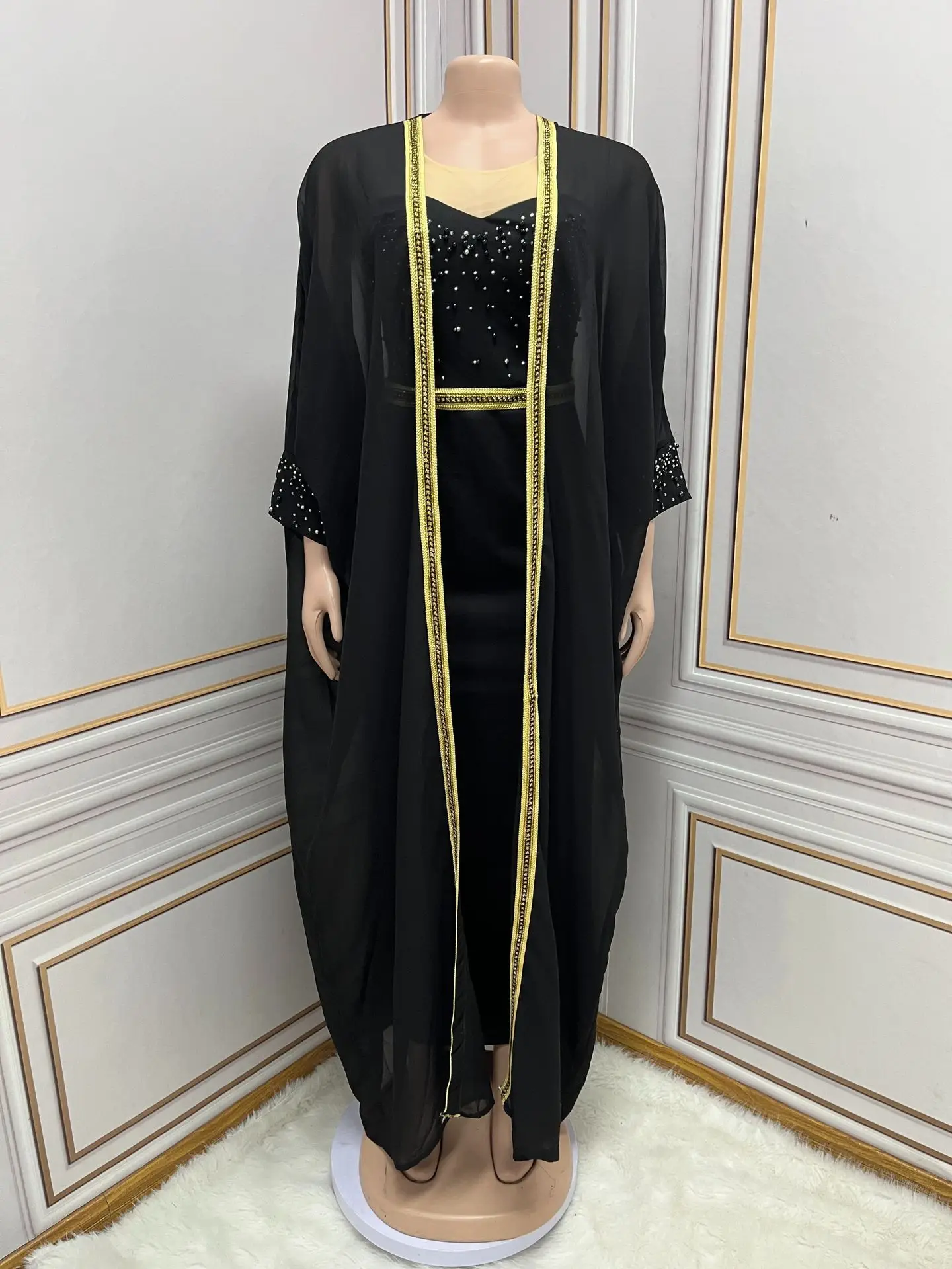 Islam Middle East Saudi Arab Muslim Fashion Abaya Women Beaded Luxury Dress Set 2 Piece Djellaba Ramadan Kebaya Kimono Jalabiya