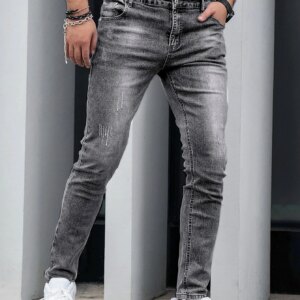 1 Piece of Men's Four-Season Snowflake Washed Fashion Jeans, Stretch Slim Fit Light Gray Dark Black Casual Denim Pants, Normcore and Fashionable, Suitable for Everyday Wear