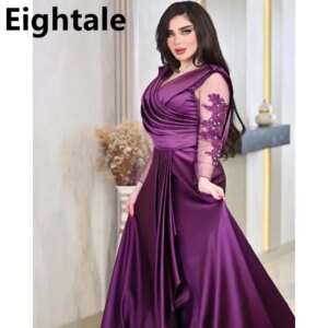 Eightale 2023 Dubai Satin A Line Evening Dress V Neck Long Sleeve kaftan Floor Length Beaded Prom Dress Dubai Party Customized