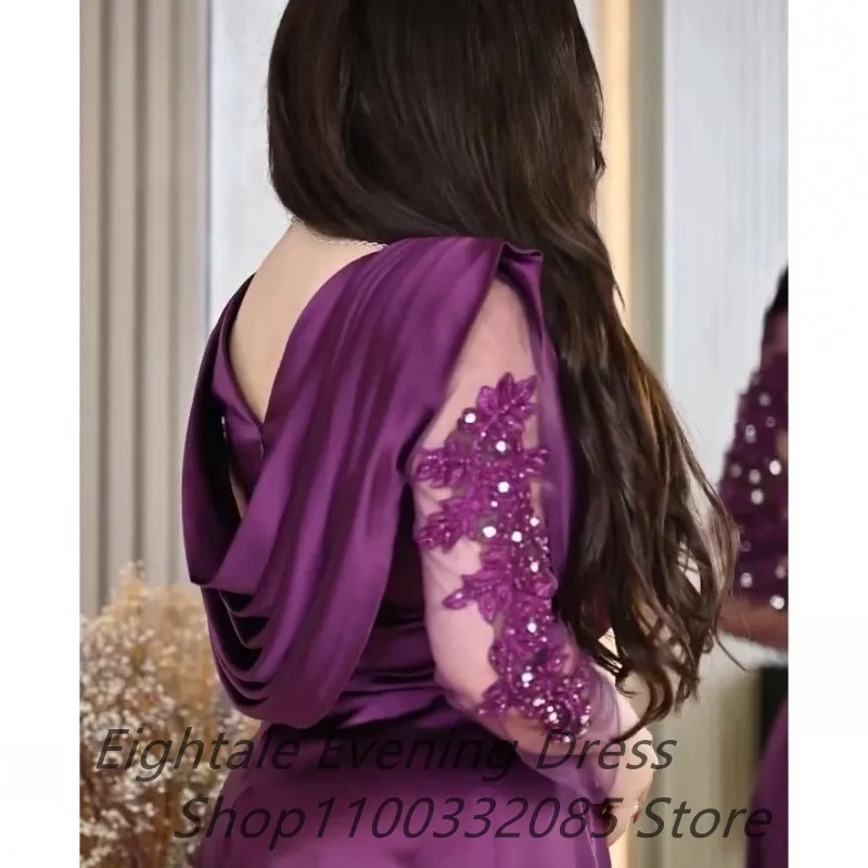 Eightale 2023 Dubai Satin A Line Evening Dress V Neck Long Sleeve kaftan Floor Length Beaded Prom Dress Dubai Party Customized