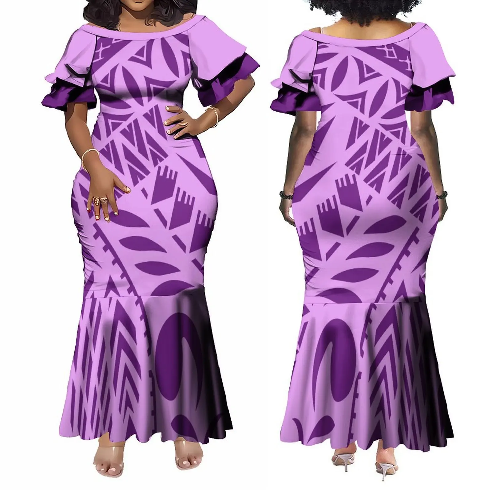 Wholesale Customized Double Layered Ruffle Sleeve Ladies Long Fishtail Mermaid Dress Polynesian Dress Plus Size Womens Clothing